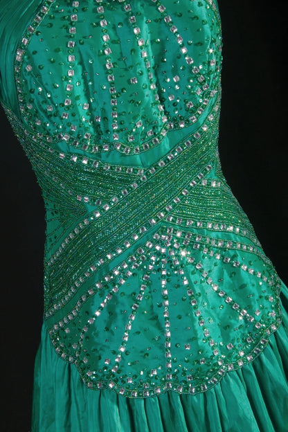 Vintage A Line Halter Green Satin Party Dress With Beads 1950s Retro Classy Birthday Dinner Long Prom Dresses AS061