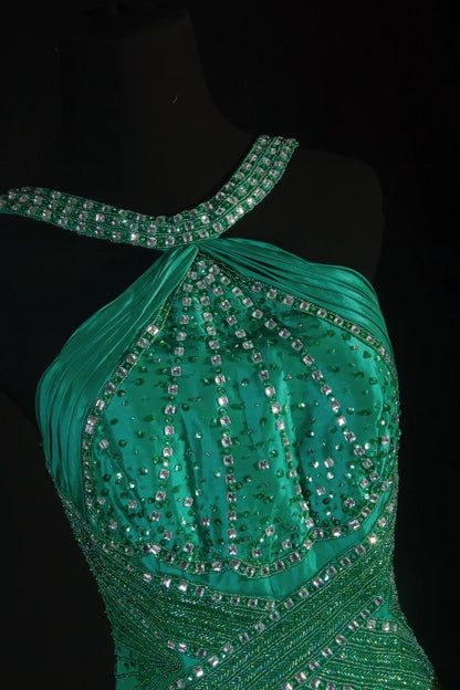 Vintage A Line Halter Green Satin Party Dress With Beads 1950s Retro Classy Birthday Dinner Long Prom Dresses AS061