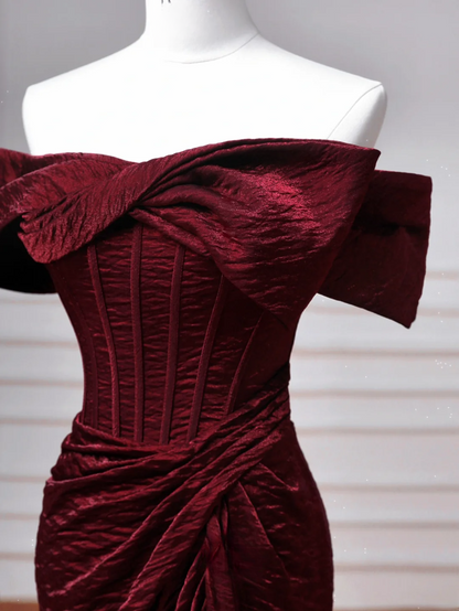 Simple Mermaid Off The Shoulder Burgundy With Sleeves Long Formal Prom Dresses Night Outfits Party Gowns AQ062