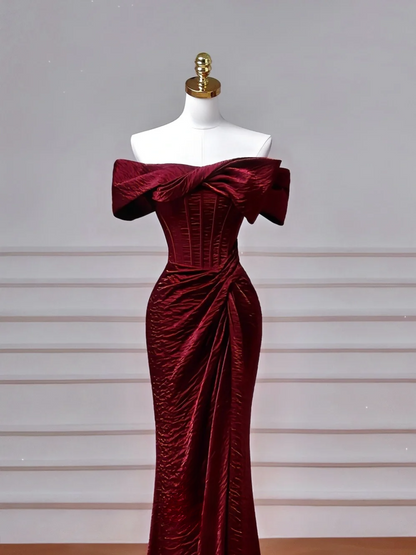 Simple Mermaid Off The Shoulder Burgundy With Sleeves Long Formal Prom Dresses Night Outfits Party Gowns AQ062