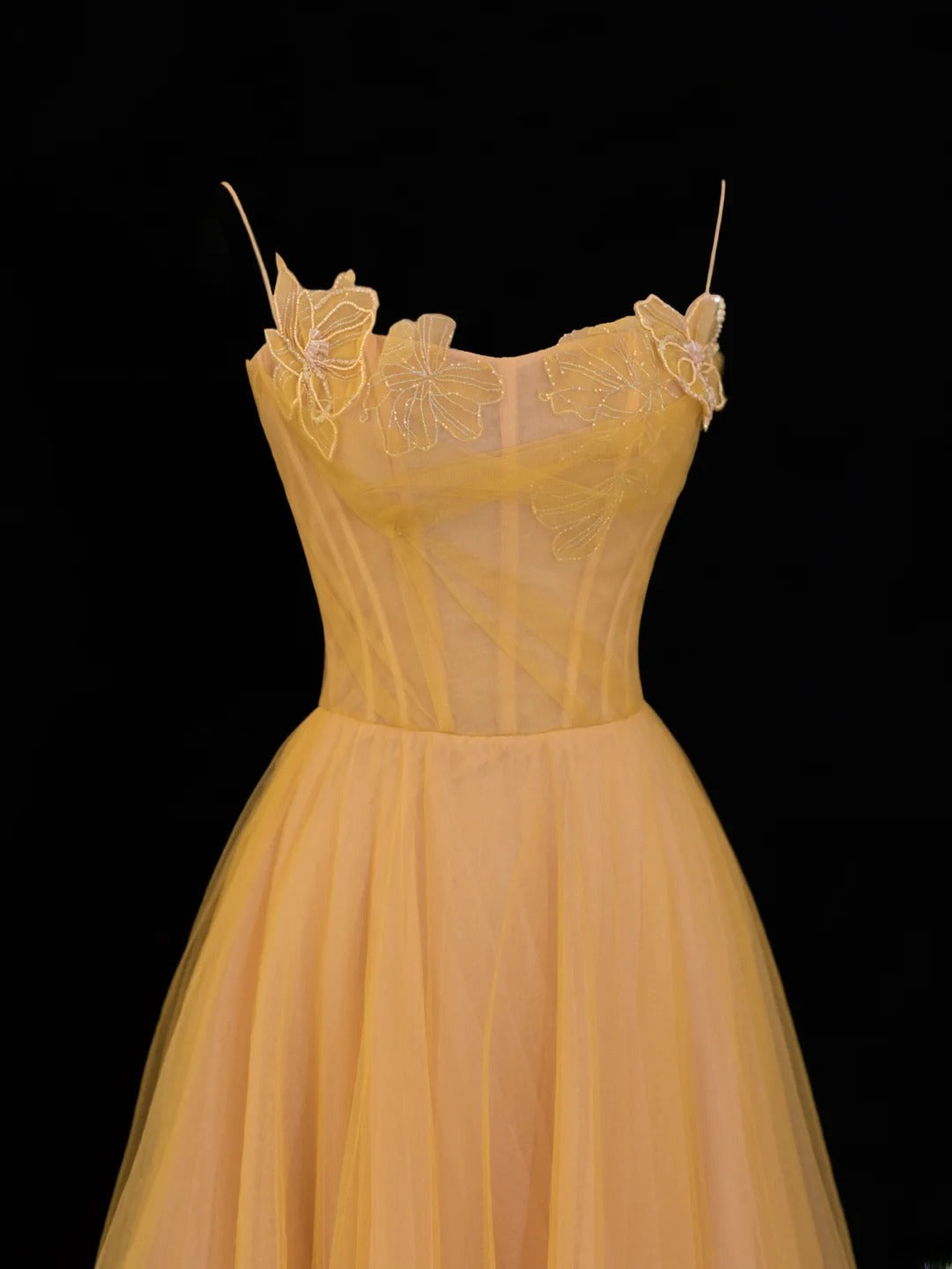 Simple Formal A Line Spaghetti Strap Yellow Tulle Style Impress Long Prom Dresses Party Gowns SA063