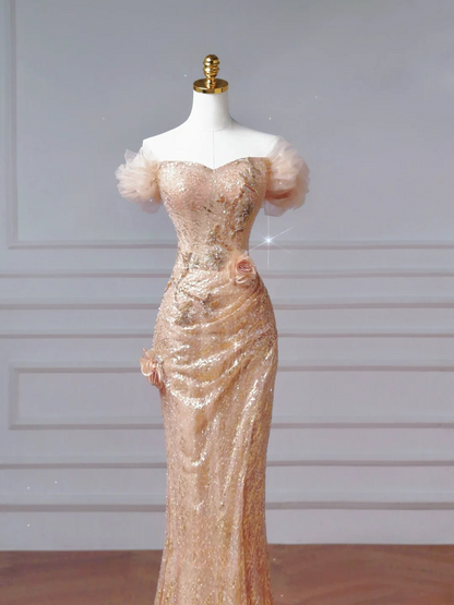 Sparkly Mermaid Off The Shoulder Blush Pink With Sleeves Long Formal Prom Dresses Night Outfits Party Gowns AQ065