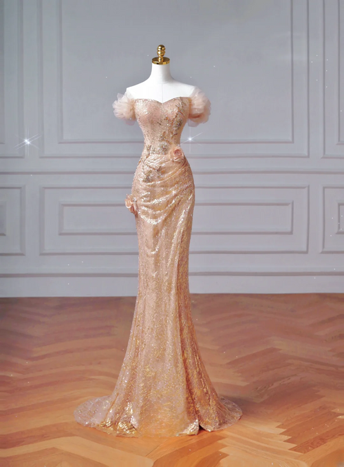 Sparkly Mermaid Off The Shoulder Blush Pink With Sleeves Long Formal Prom Dresses Night Outfits Party Gowns AQ065