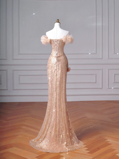 Sparkly Mermaid Off The Shoulder Blush Pink With Sleeves Long Formal Prom Dresses Night Outfits Party Gowns AQ065