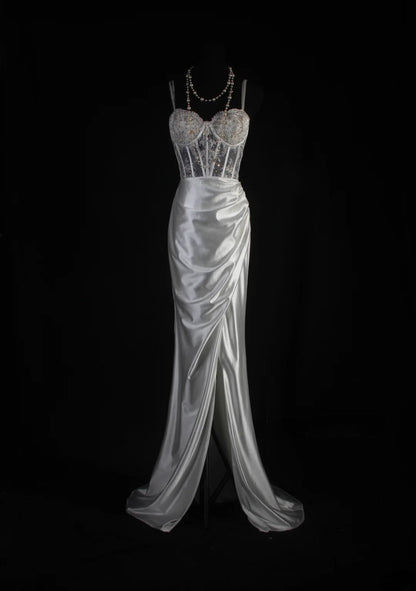 Vintage Mermaid Spaghetti Strap Silver Gray Silk Satin 2000s Prom Dress Inspo With Slit Lace Formal Party Gowns Formal Dresses AS067