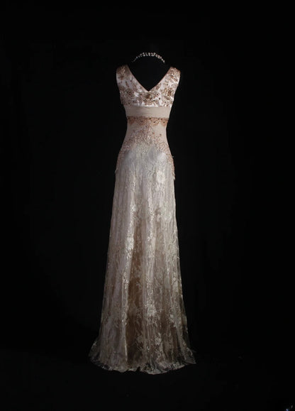 Women's Cocktail Party Gowns 90s A line V Neck Lace With Beads Long Graduation Dinner Outfits Prom Dresses AS074