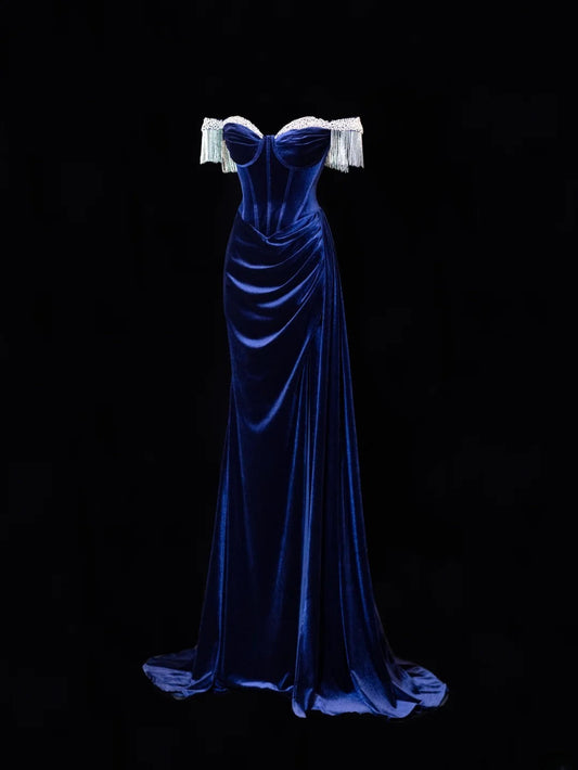 Classy Formal Mermaid Off The Shoulder Royal Blue Velvet With Beads Style Impress Long Prom Dresses Party Gowns SA077