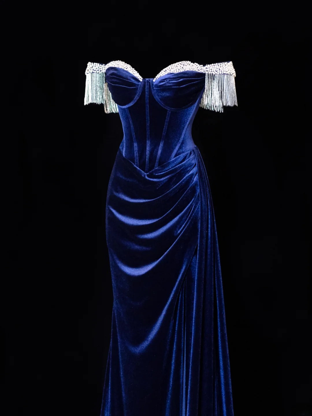 Classy Formal Mermaid Off The Shoulder Royal Blue Velvet With Beads Style Impress Long Prom Dresses Party Gowns SA077