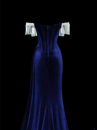 Classy Formal Mermaid Off The Shoulder Royal Blue Velvet With Beads Style Impress Long Prom Dresses Party Gowns SA077