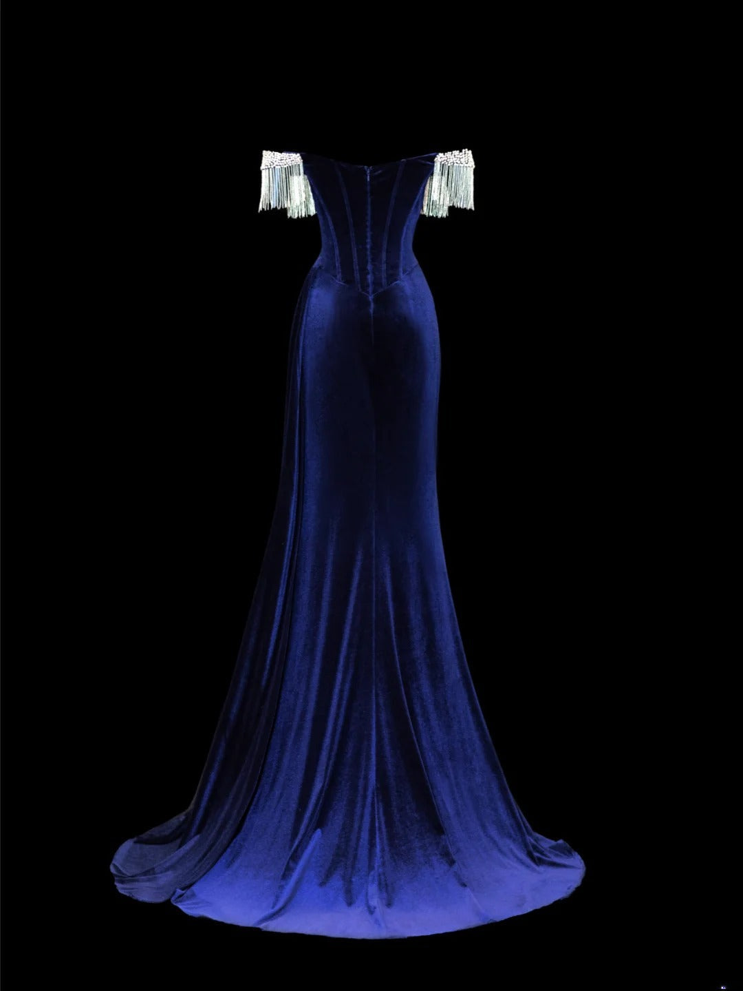 Classy Formal Mermaid Off The Shoulder Royal Blue Velvet With Beads Style Impress Long Prom Dresses Party Gowns SA077