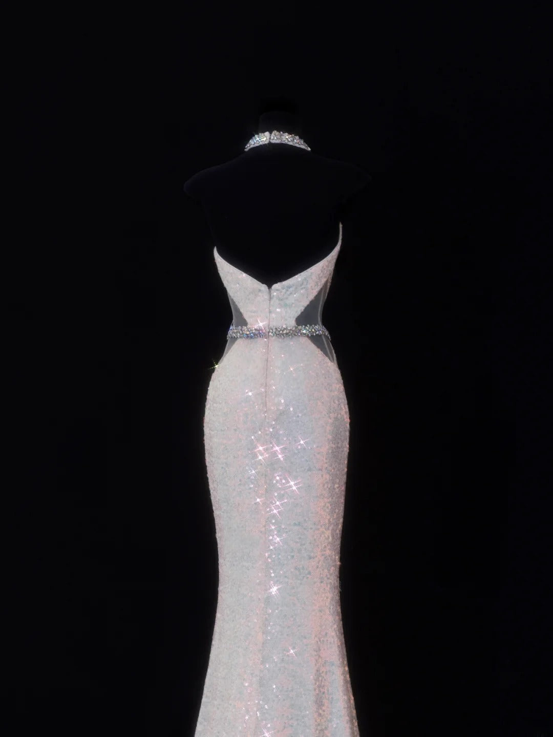 Classy Mermaid 1950s Formal High Neck White Sequins Style Impress Backless Long Prom Dresses Party Gowns SA079