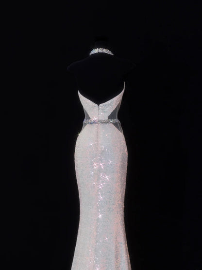 Classy Mermaid 1950s Formal High Neck White Sequins Style Impress Backless Long Prom Dresses Party Gowns SA079