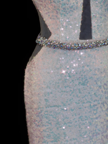 Classy Mermaid 1950s Formal High Neck White Sequins Style Impress Backless Long Prom Dresses Party Gowns SA079