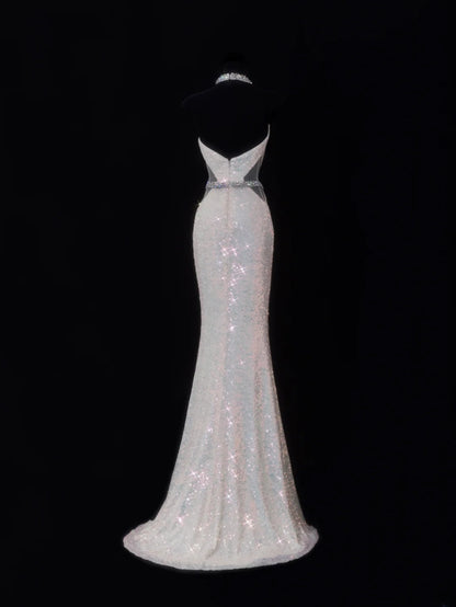 Classy Mermaid 1950s Formal High Neck White Sequins Style Impress Backless Long Prom Dresses Party Gowns SA079