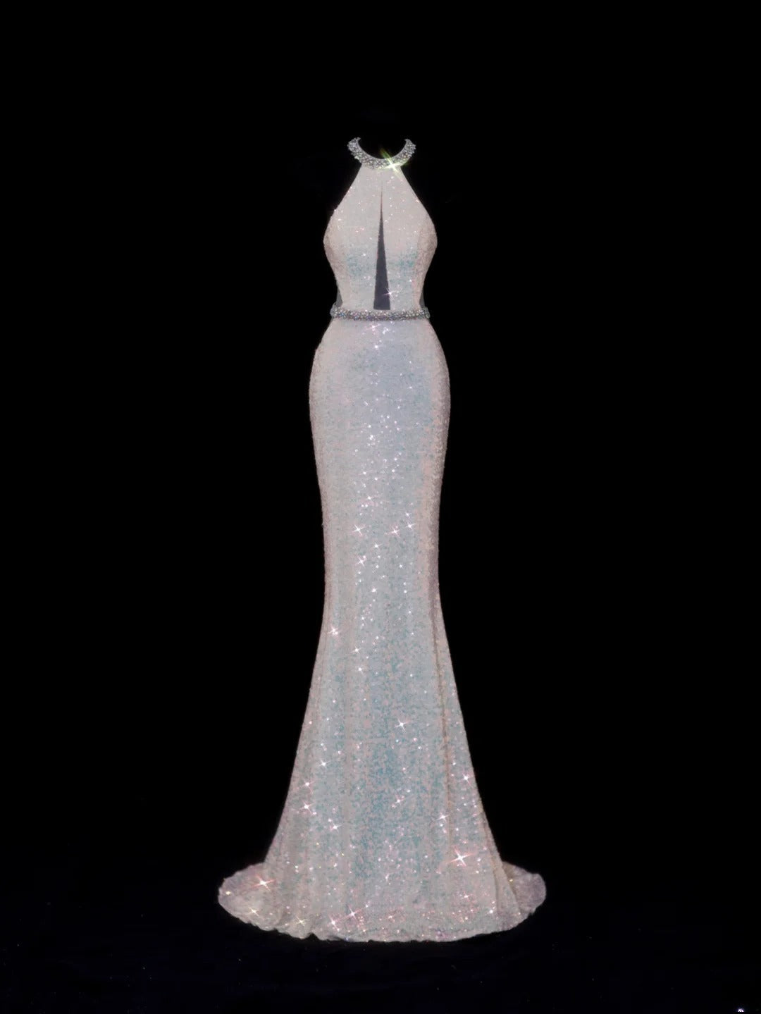 Classy Mermaid 1950s Formal High Neck White Sequins Style Impress Backless Long Prom Dresses Party Gowns SA079