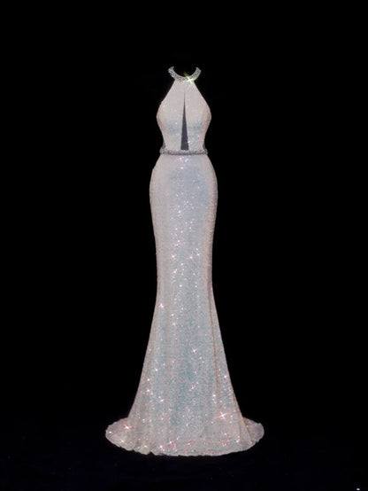 Classy Mermaid 1950s Formal High Neck White Sequins Style Impress Backless Long Prom Dresses Party Gowns SA079
