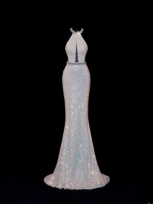 Classy Mermaid 1950s Formal High Neck White Sequins Style Impress Backless Long Prom Dresses Party Gowns SA079