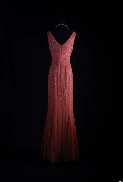 Vintage 1950s Formal Mermaid V Neck Pink Chiffon With Silver Beadings Sleeveless Long Prom Dresses Party Formal Gowns AS081