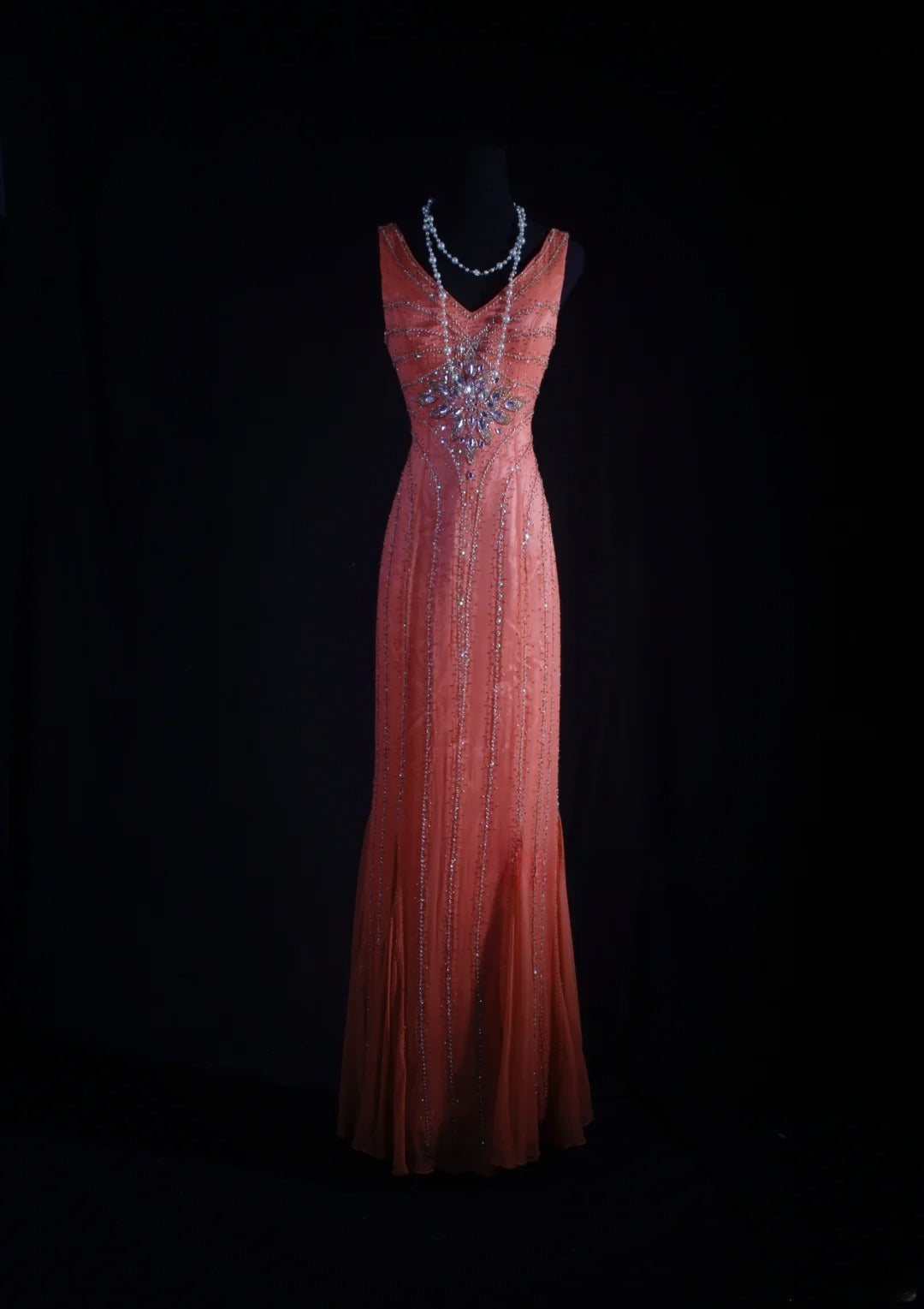 Vintage 1950s Formal Mermaid V Neck Pink Chiffon With Silver Beadings Sleeveless Long Prom Dresses Party Formal Gowns AS081