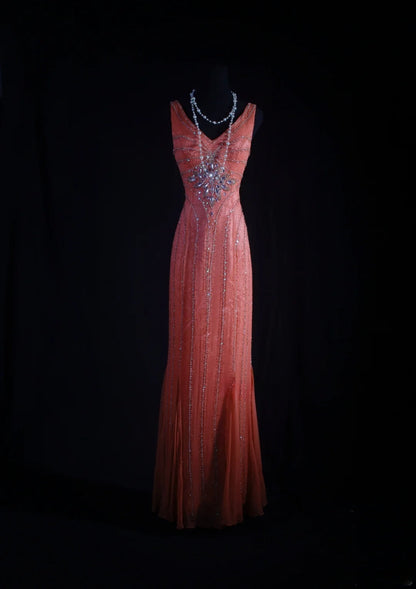 Vintage 1950s Formal Mermaid V Neck Pink Chiffon With Silver Beadings Sleeveless Long Prom Dresses Party Formal Gowns AS081