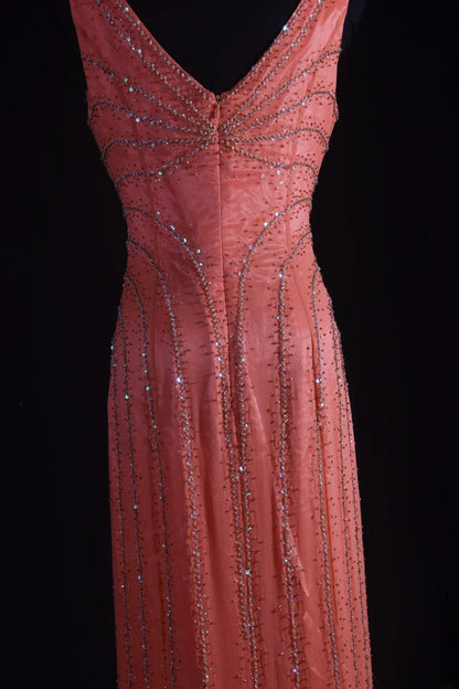 Vintage 1950s Formal Mermaid V Neck Pink Chiffon With Silver Beadings Sleeveless Long Prom Dresses Party Formal Gowns AS081