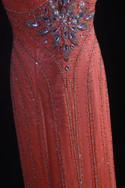 Vintage 1950s Formal Mermaid V Neck Pink Chiffon With Silver Beadings Sleeveless Long Prom Dresses Party Formal Gowns AS081