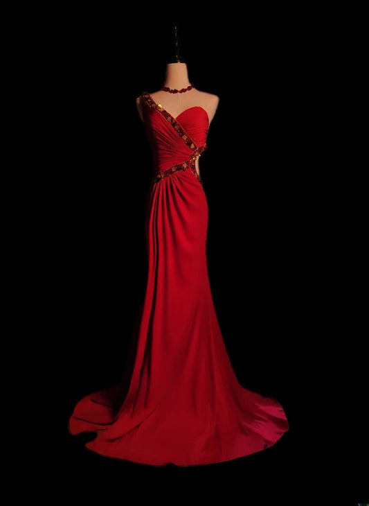 Classic Mermaid One Shoulder Red Chiffon Sleeveless With Beads Long Prom Dresses High School Senior Graduation Dance Evening Outfits AS085
