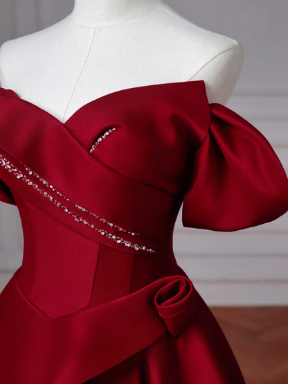 Elegant Ball Gown Off The Shoulder Burgundy Satin Long Formal Fancy Prom Evening Dress Dinner Outfits Party Gowns AQ086
