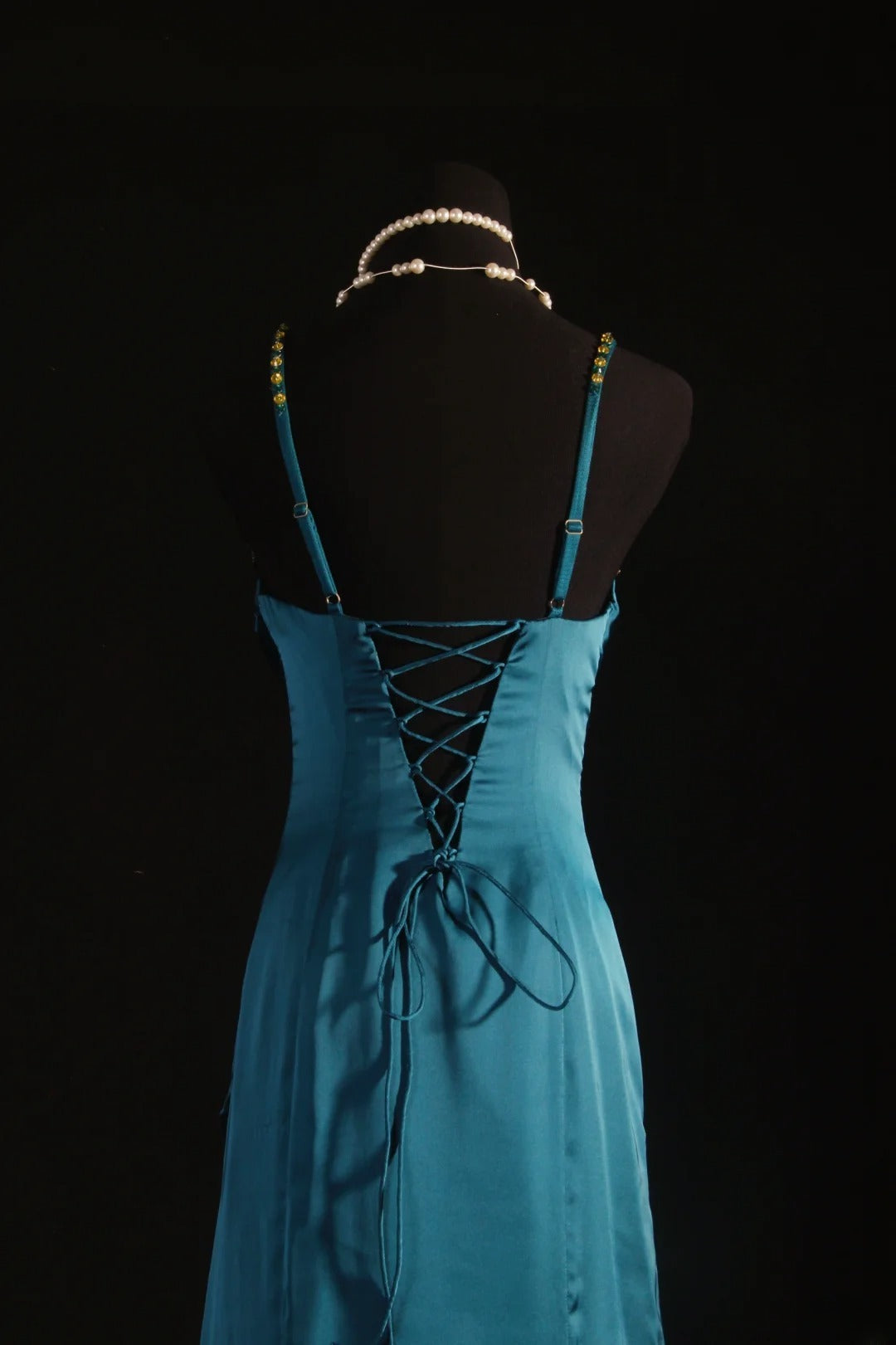 Vintage 1950s Formal Mermaid Spaghetti Strap Teal Blue Pleated Satin With Beads Sleeveless Long Prom Dresses Party Formal Gowns AS086