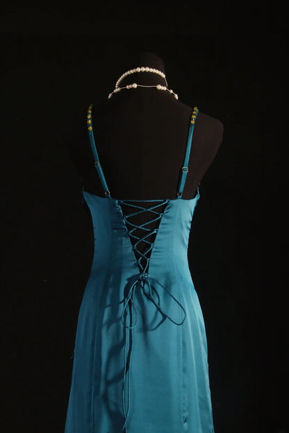 Vintage 1950s Formal Mermaid Spaghetti Strap Teal Blue Pleated Satin With Beads Sleeveless Long Prom Dresses Party Formal Gowns AS086