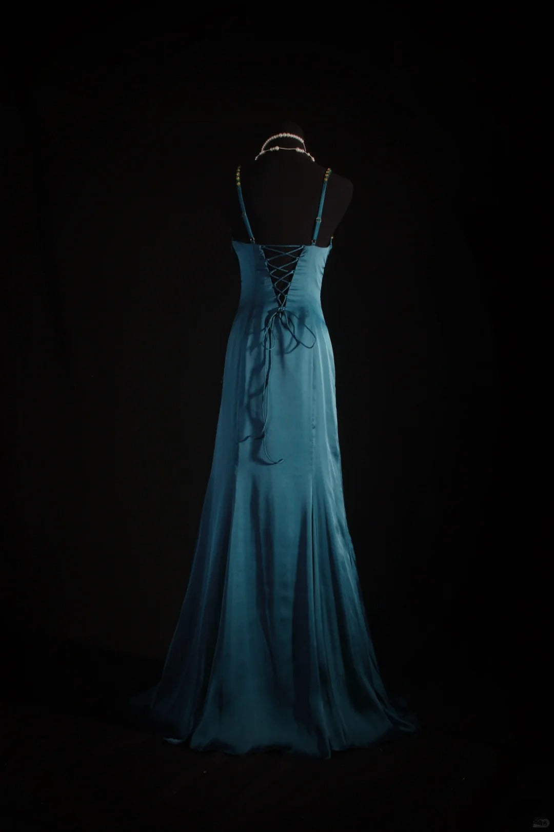 Vintage 1950s Formal Mermaid Spaghetti Strap Teal Blue Pleated Satin With Beads Sleeveless Long Prom Dresses Party Formal Gowns AS086