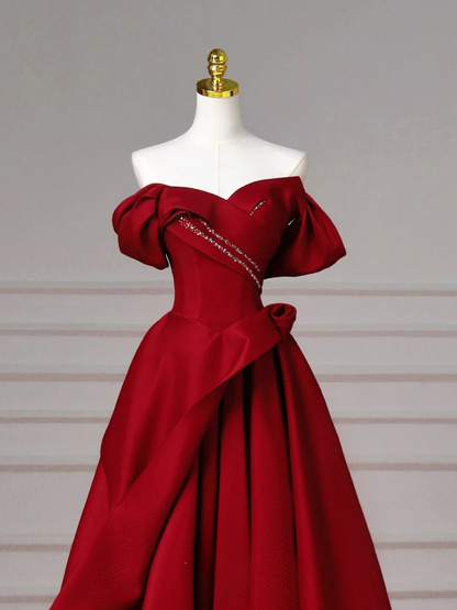Elegant Ball Gown Off The Shoulder Burgundy Satin Long Formal Fancy Prom Evening Dress Dinner Outfits Party Gowns AQ086