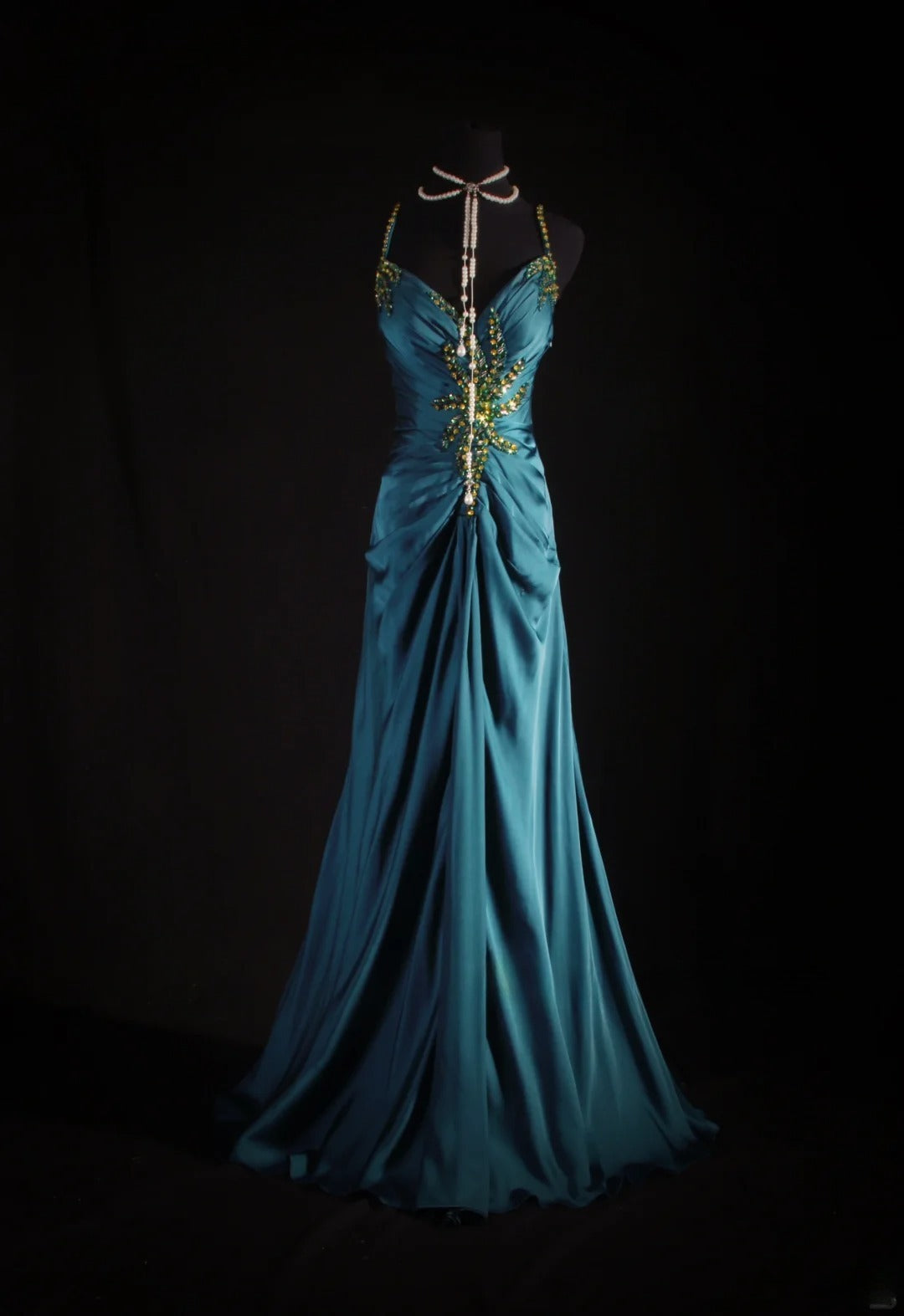 Vintage 1950s Formal Mermaid Spaghetti Strap Teal Blue Pleated Satin With Beads Sleeveless Long Prom Dresses Party Formal Gowns AS086
