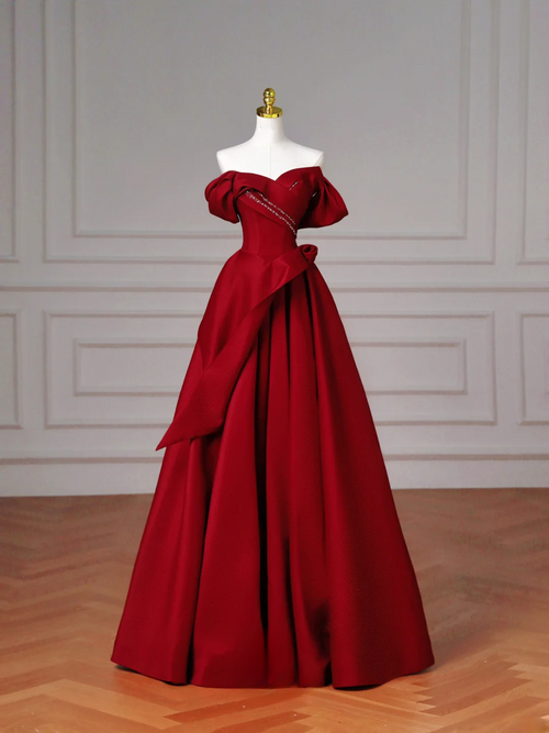 Elegant Ball Gown Off The Shoulder Burgundy Satin Long Formal Fancy Prom Evening Dress Dinner Outfits Party Gowns AQ086