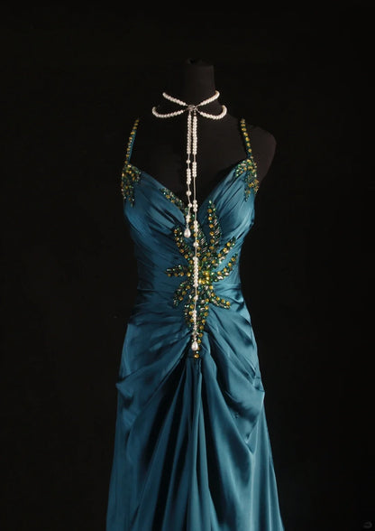 Vintage 1950s Formal Mermaid Spaghetti Strap Teal Blue Pleated Satin With Beads Sleeveless Long Prom Dresses Party Formal Gowns AS086