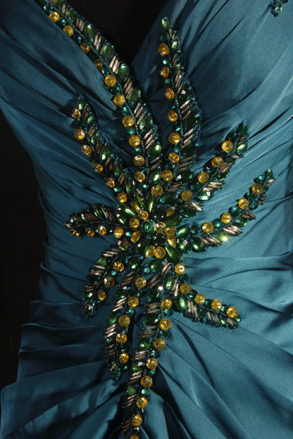 Vintage 1950s Formal Mermaid Spaghetti Strap Teal Blue Pleated Satin With Beads Sleeveless Long Prom Dresses Party Formal Gowns AS086
