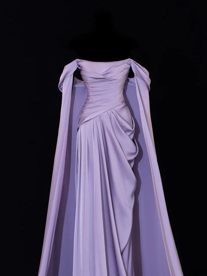 Modest Prom Dresses Aesthetic Sheath Off The Shoulder Lilac Inspiration Style Impress With Sleeves Cape Long Party Formal Gown SA094
