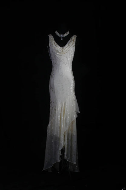 Chic Mermaid Cowl Neck White Lace High Low Chiffon With Beads Long Party Formal Women Prom Dresses AS094