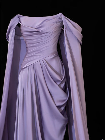 Modest Prom Dresses Aesthetic Sheath Off The Shoulder Lilac Inspiration Style Impress With Sleeves Cape Long Party Formal Gown SA094