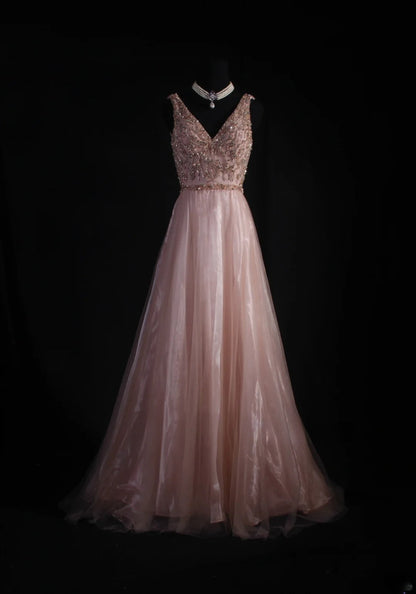 Women's Cocktail Party Gowns A Line V Neck Blush Pink With Beaded Tops Long Graduation Dinner Outfits Prom Dresses AS097