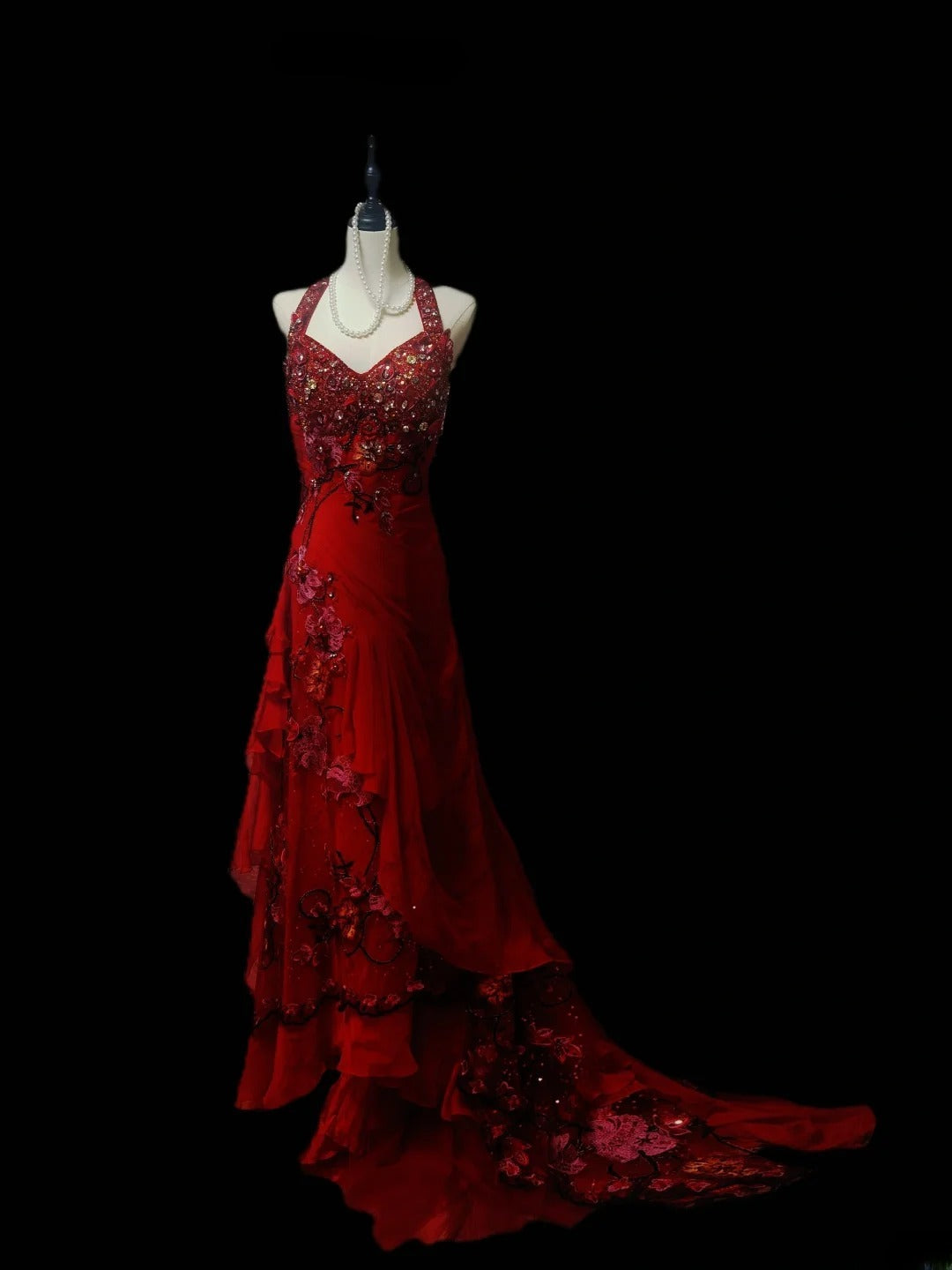 Vintage 1950s A line Halter Burgundy Tiered With Appliques Long Prom Dresses High School Senior Graduation Dance Evening Gown AS097