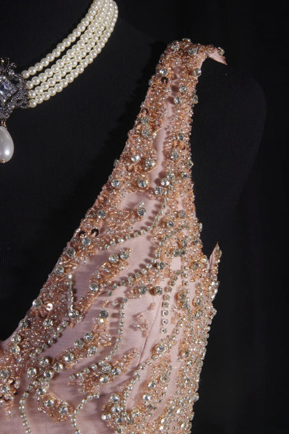 Women's Cocktail Party Gowns A Line V Neck Blush Pink With Beaded Tops Long Graduation Dinner Outfits Prom Dresses AS097