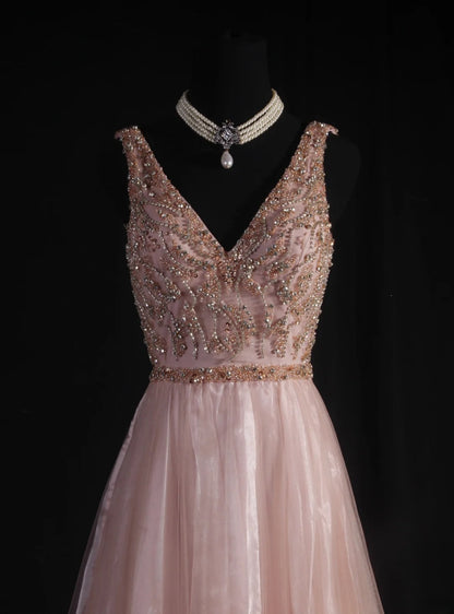 Women's Cocktail Party Gowns A Line V Neck Blush Pink With Beaded Tops Long Graduation Dinner Outfits Prom Dresses AS097