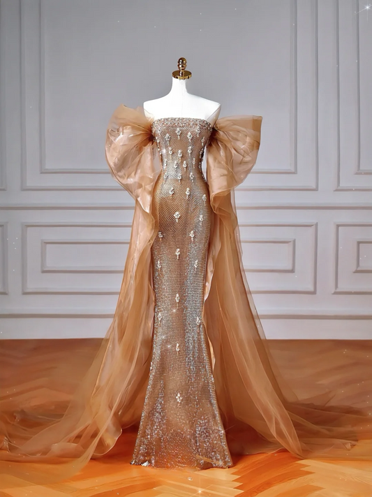 Sparkly Mermaid Strapless Sequins With Beaded Short Sleeves Long Formal Fancy Prom Evening Dress Dinner Outfits Party Gowns AQ099