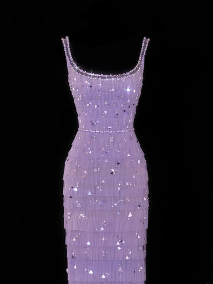 Classy Sheath Square Neck Lilac Tulle With Beads Gem Formal Style Impress Long Prom Dresses Party Gowns SA099