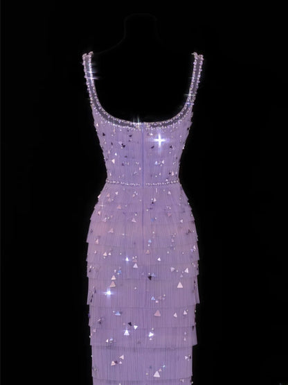 Classy Sheath Square Neck Lilac Tulle With Beads Gem Formal Style Impress Long Prom Dresses Party Gowns SA099