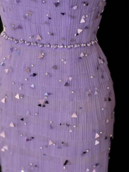 Classy Sheath Square Neck Lilac Tulle With Beads Gem Formal Style Impress Long Prom Dresses Party Gowns SA099