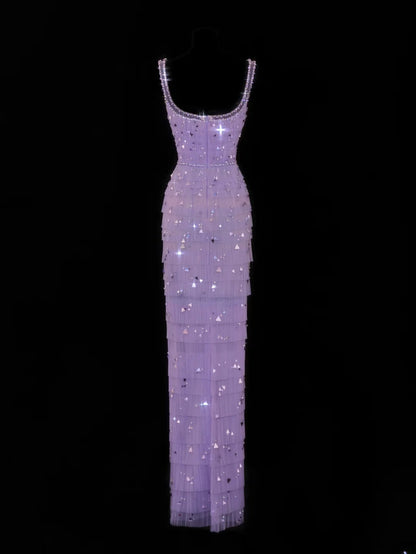 Classy Sheath Square Neck Lilac Tulle With Beads Gem Formal Style Impress Long Prom Dresses Party Gowns SA099