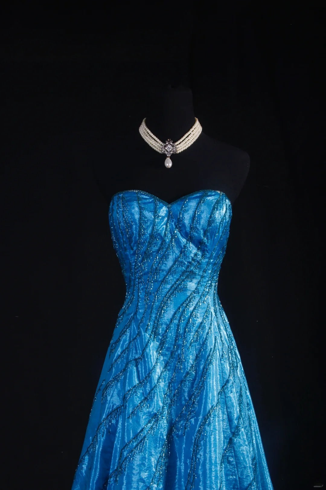 Vintage 80s Formal A Line Sweetheart Blue With Beads Sleeveless Long Prom Dresses Party Formal Gowns AS101
