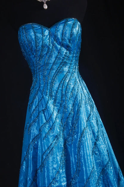 Vintage 80s Formal A Line Sweetheart Blue With Beads Sleeveless Long Prom Dresses Party Formal Gowns AS101